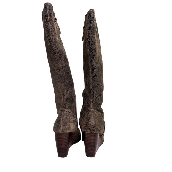 Fossil Crackled Brown Leather Wedge Knee High Boots 6 - Picture 9 of 11